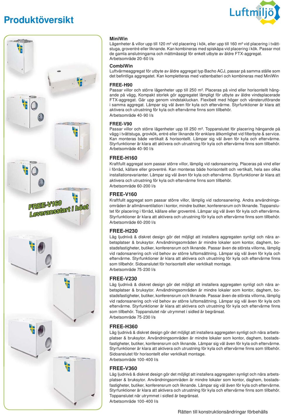 Arbetsområde 20-60 l/s CombiWin Luftvärmeaggregat för utbyte av äldre aggregat typ Bacho ACJ, passar på samma ställe som det befi ntliga aggregatet.