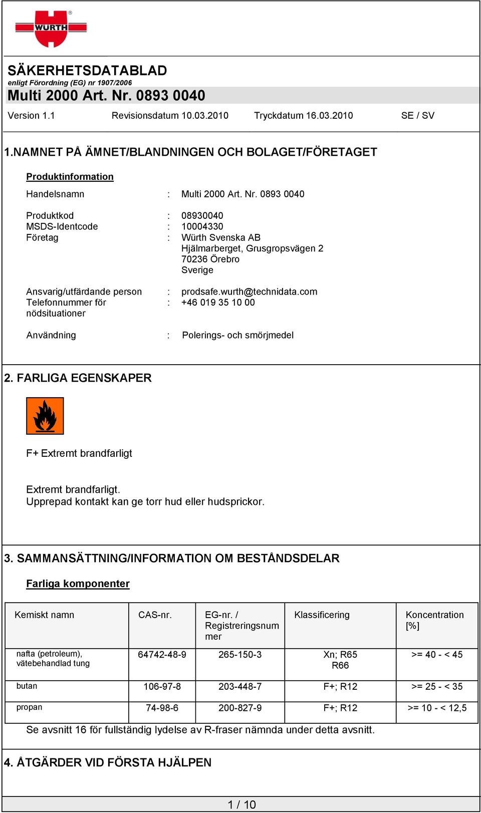 FARLIGA EGENSKAPER F+ Extremt brandfarligt Extremt brandfarligt. Upprepad kontakt kan ge torr hud eller hudsprickor. 3.