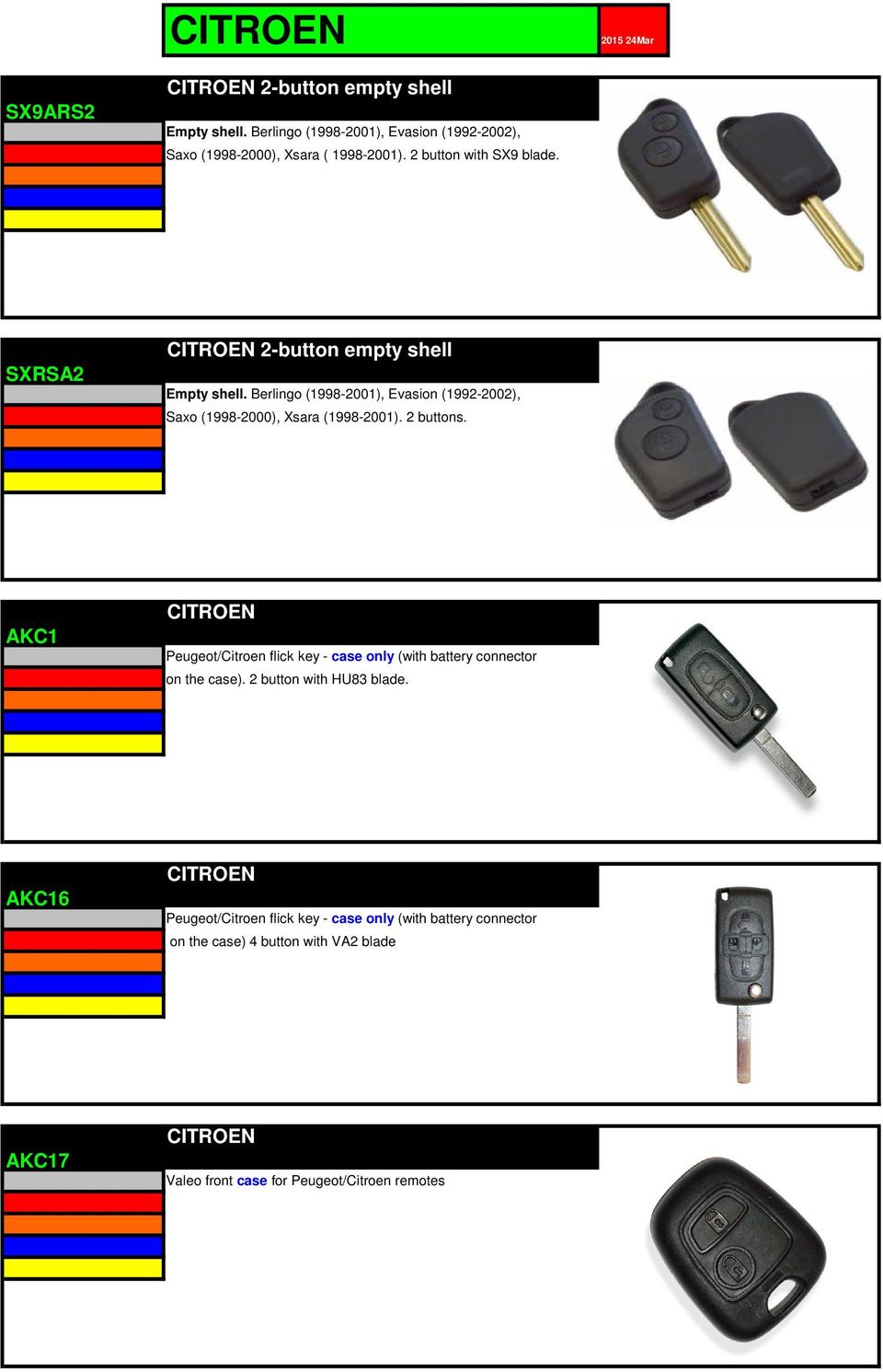 2 buttons. AKC1 CITROEN Peugeot/Citroen flick key - case only (with battery connector on the case). 2 button with HU83 blade.