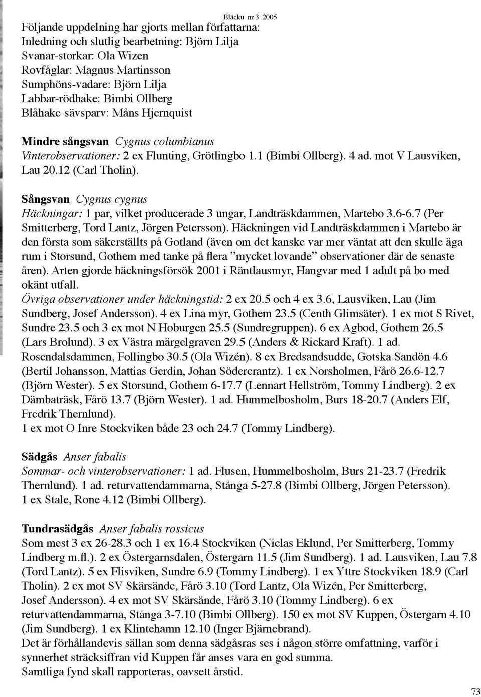 Sångsvan Cygnus cygnus Häckningar: 1 par, vilket producerade 3 ungar, Landträskdammen, Martebo 3.6-6.7 (Per Smitterberg, Tord Lantz, Jörgen Petersson).