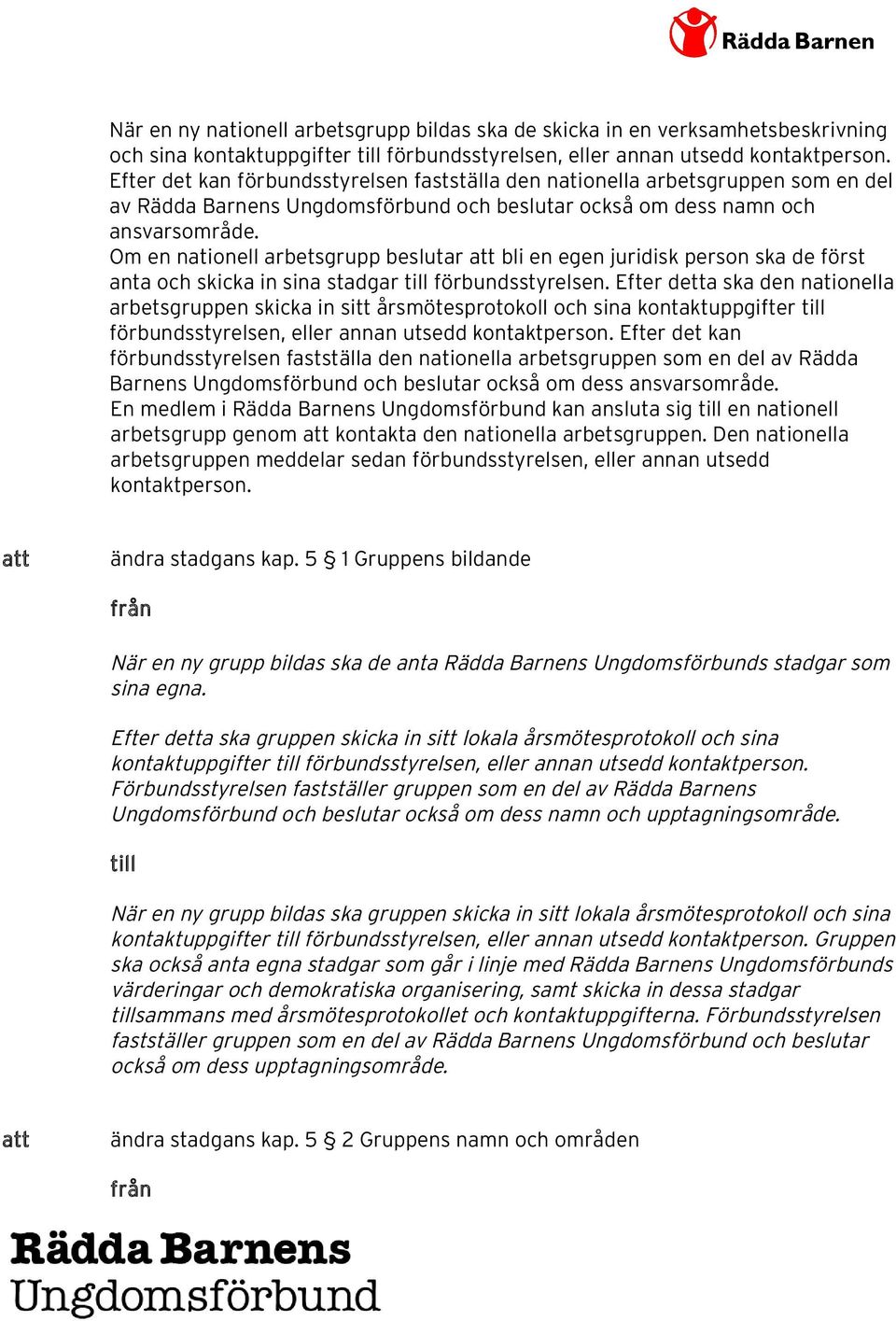 Om en nationell arbetsgrupp beslutar att bli en egen juridisk person ska de först anta och skicka in sina stadgar till förbundsstyrelsen.