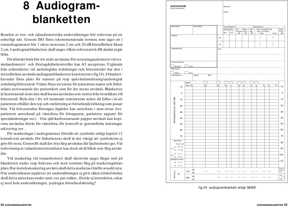 I audiogramblanketten skall anges vilken referensnivå -skalan utgår ifrån. För kliniskt bruk bör A4-mått användas.