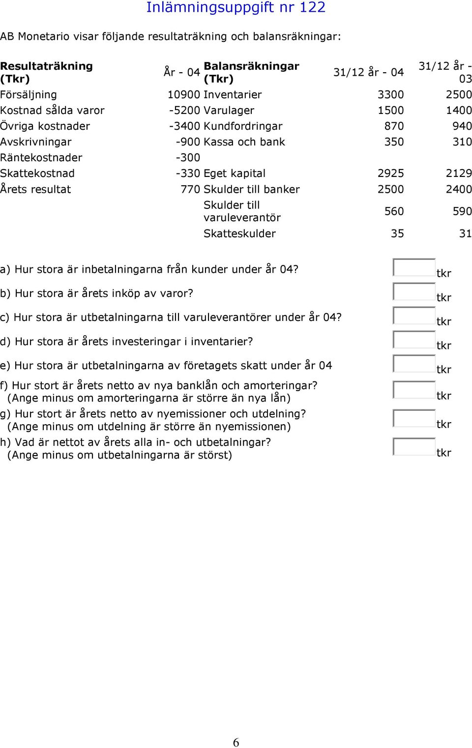 2925 2129 Årets resultat 770 Skulder till banker 2500 2400 Skulder till varuleverantör 560 590 Skatteskulder 35 31 a) Hur stora är inbetalningarna från kunder under år 04?