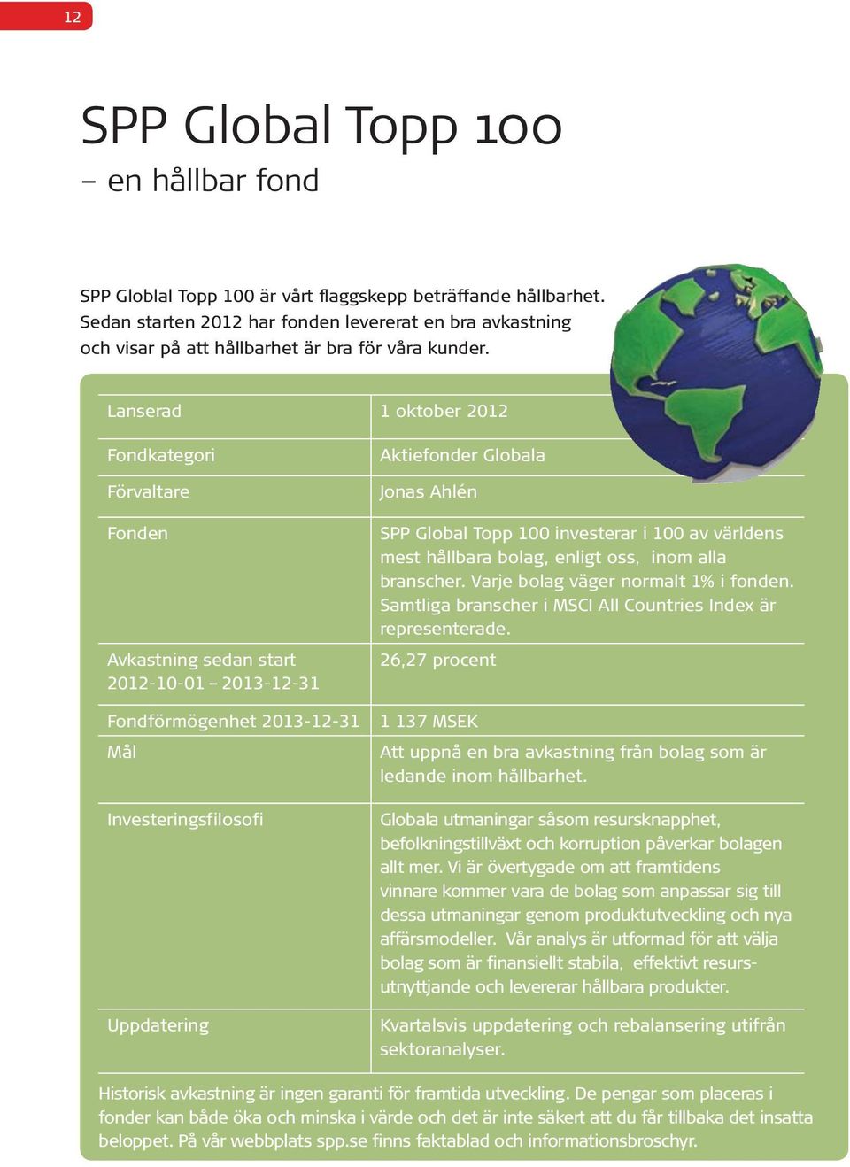 Lanserad oktober 0 Fondkategori Förvaltare Fonden Avkastning sedan start 0-0-0 03--3 Fondförmögenhet 03--3 Mål Investeringsfilosofi Uppdatering Aktiefonder Globala Jonas Ahlén SPP Global Topp 00