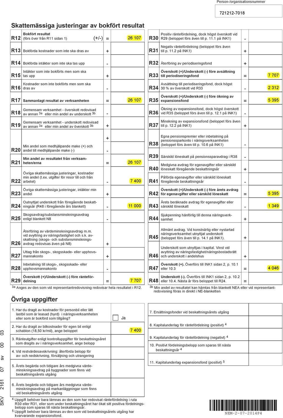 1 på INK1) R13 Bokförda kostnader som inte ska dras av R31 Negativ räntefördelning (beloppet förs även till p. 11.