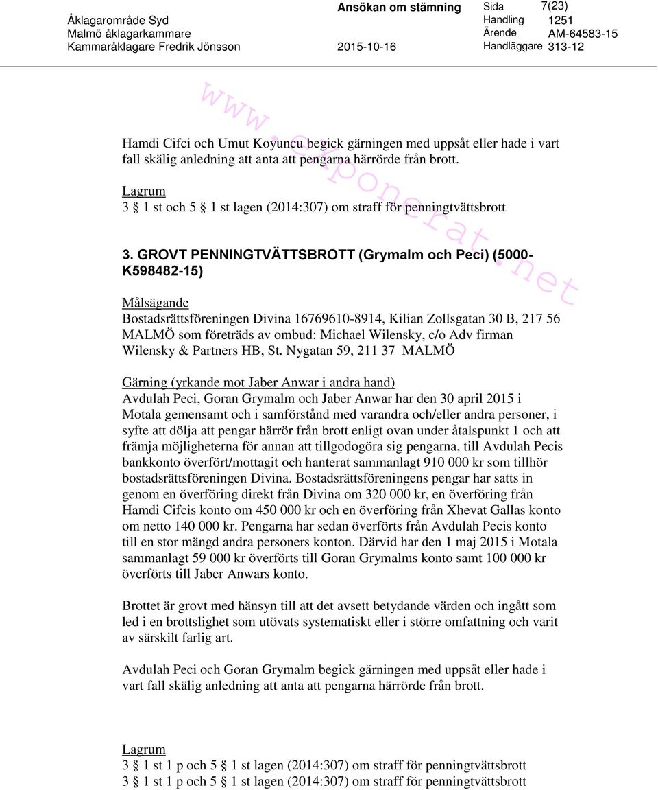 GROVT PENNINGTVÄTTSBROTT (Grymalm och Peci) (5000- K598482-15) Målsägande Bostadsrättsföreningen Divina 16769610-8914, Kilian Zollsgatan 30 B, 217 56 MALMÖ som företräds av ombud: Michael Wilensky,