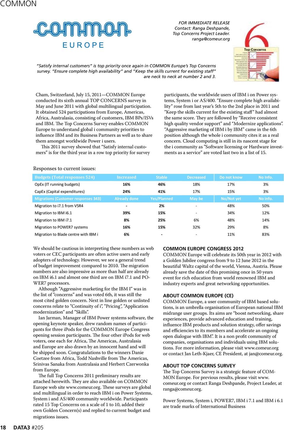 The Top Concerns Survey enables COMMON Europe to understand global i community priorities to influence IBM and its Business Partners as well as to share them amongst worldwide Power i users.