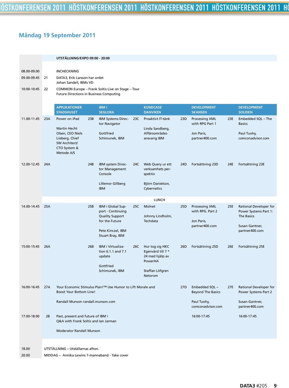 45 21 DATA3, Erik Larsson har ordet Johan Sandell, IBMs VD 10:00-10:45 22 COMMON Europe Frank Soltis Live on Stage Tour Future Directions in Business Computing APPLIKATIONER STADSHUSET IBM i SEGLORA