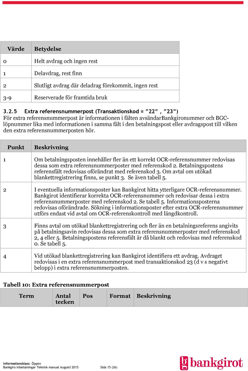 5 Extra referensnummerpost (Transaktionskod = 22, 23 ) För extra referensnummerpost är informationen i fälten avsändarbankgironummer och BGClöpnummer lika med informationen i samma fält i den