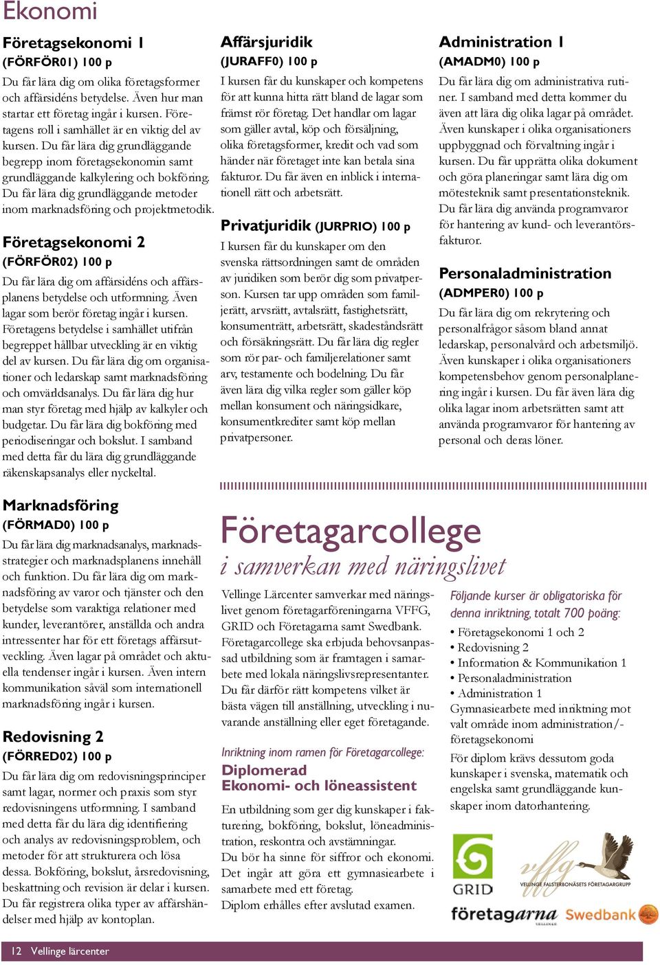 Du får lära dig grundläggande metoder inom marknadsföring och projektmetodik. Företagsekonomi 2 (FÖRFÖR02) 100 p Du får lära dig om affärsidéns och affärsplanens betydelse och utformning.