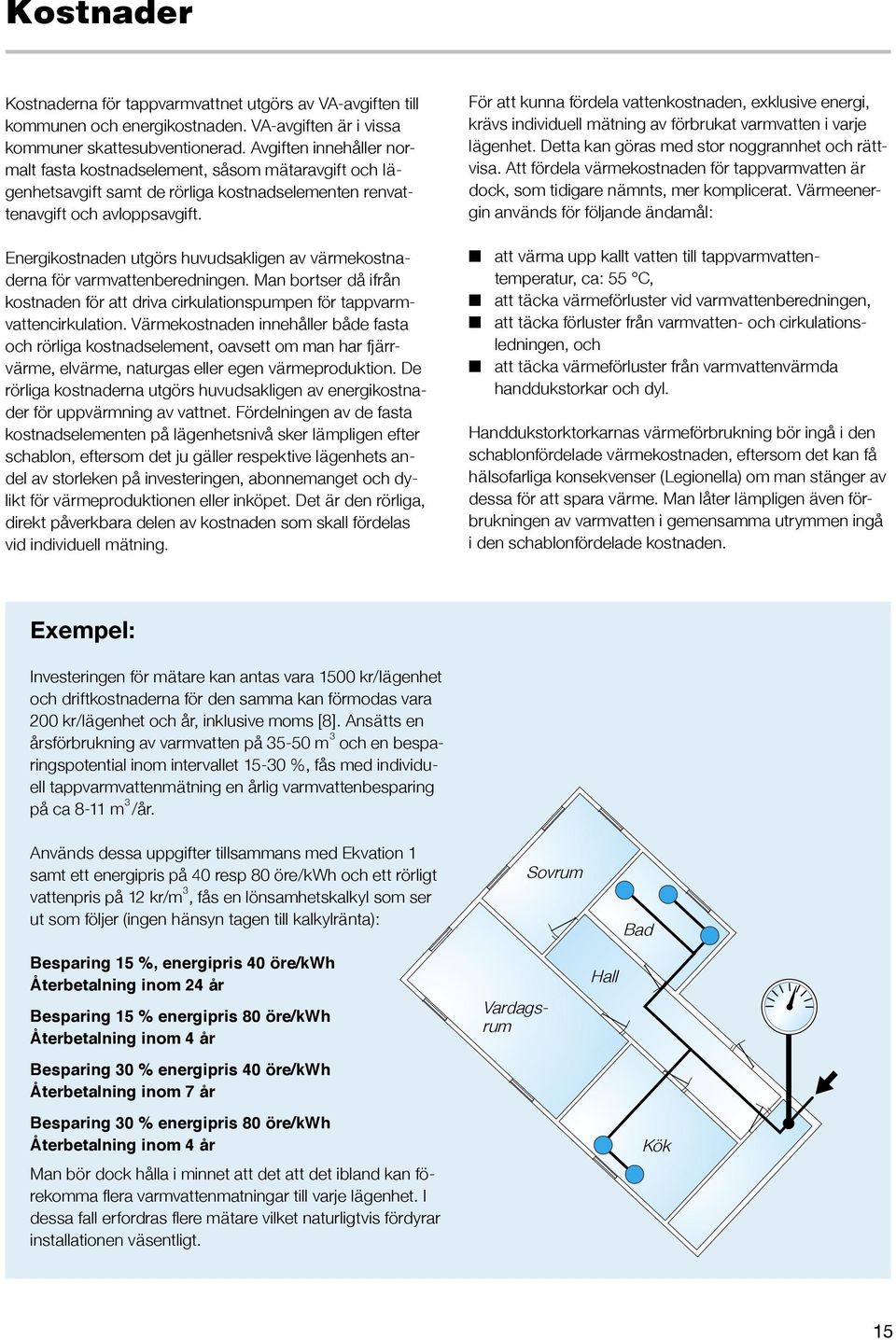 Energikostnaden utgörs huvudsakligen av värmekostnaderna för varmvattenberedningen. Man bortser då ifrån kostnaden för att driva cirkulationspumpen för tappvarmvattencirkulation.