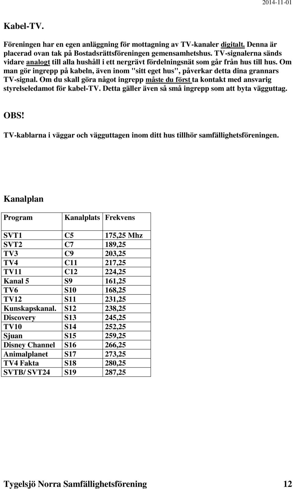 Om man gör ingrepp på kabeln, även inom "sitt eget hus", påverkar detta dina grannars TV-signal. Om du skall göra något ingrepp måste du först ta kontakt med ansvarig styrelseledamot för kabel-tv.