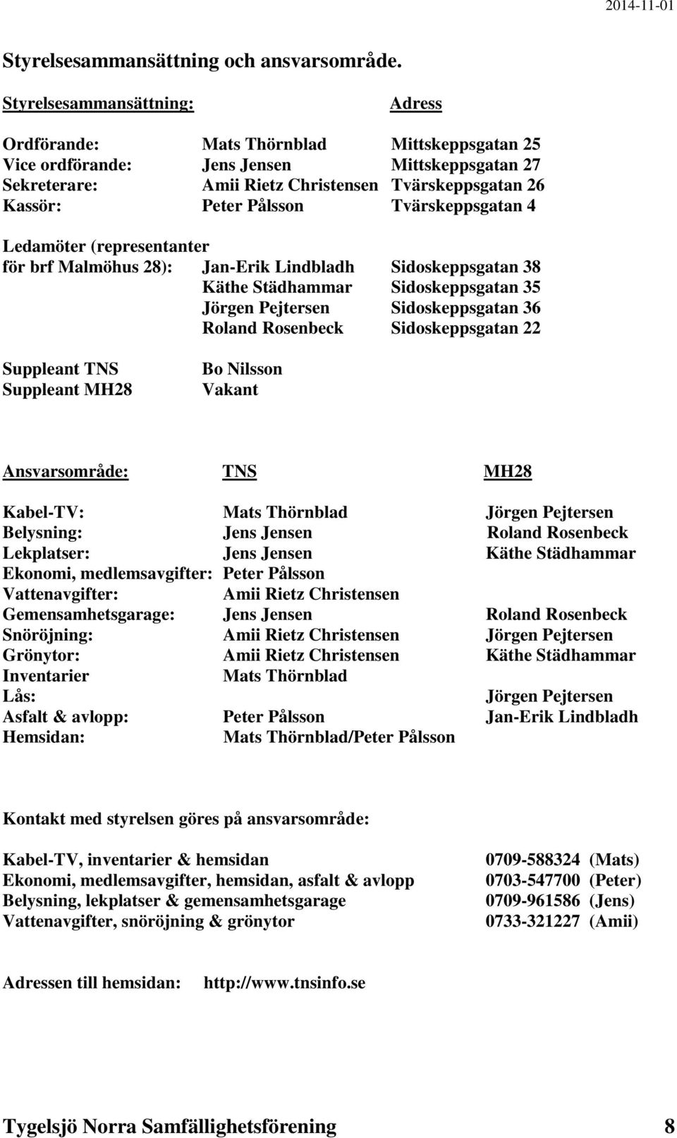 Pålsson Tvärskeppsgatan 4 Ledamöter (representanter för brf Malmöhus 28): Jan-Erik Lindbladh Sidoskeppsgatan 38 Käthe Städhammar Sidoskeppsgatan 35 Jörgen Pejtersen Sidoskeppsgatan 36 Roland