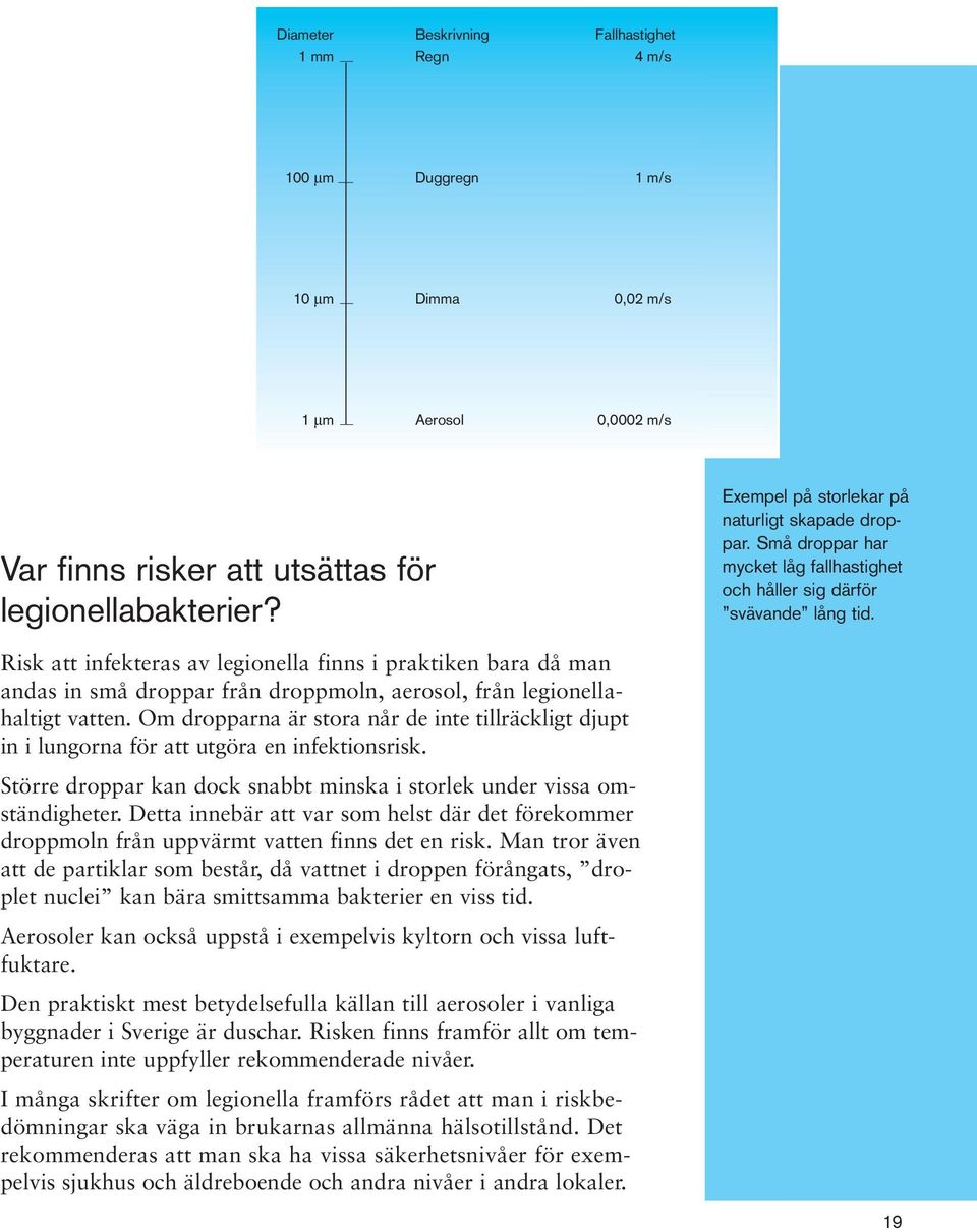Risk att infekteras av legionella finns i praktiken bara då man andas in små droppar från droppmoln, aerosol, från legionellahaltigt vatten.