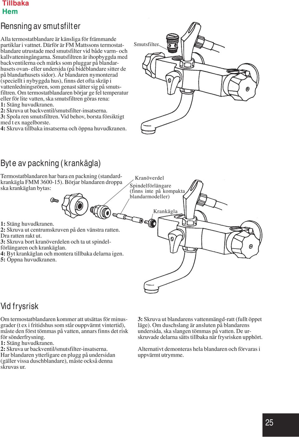 Smutsfiltren är ihopbyggda med backventilerna och märks som pluggar på blandarhusets ovan- eller undersida (på bidéblandare sitter de på blandarhusets sidor).