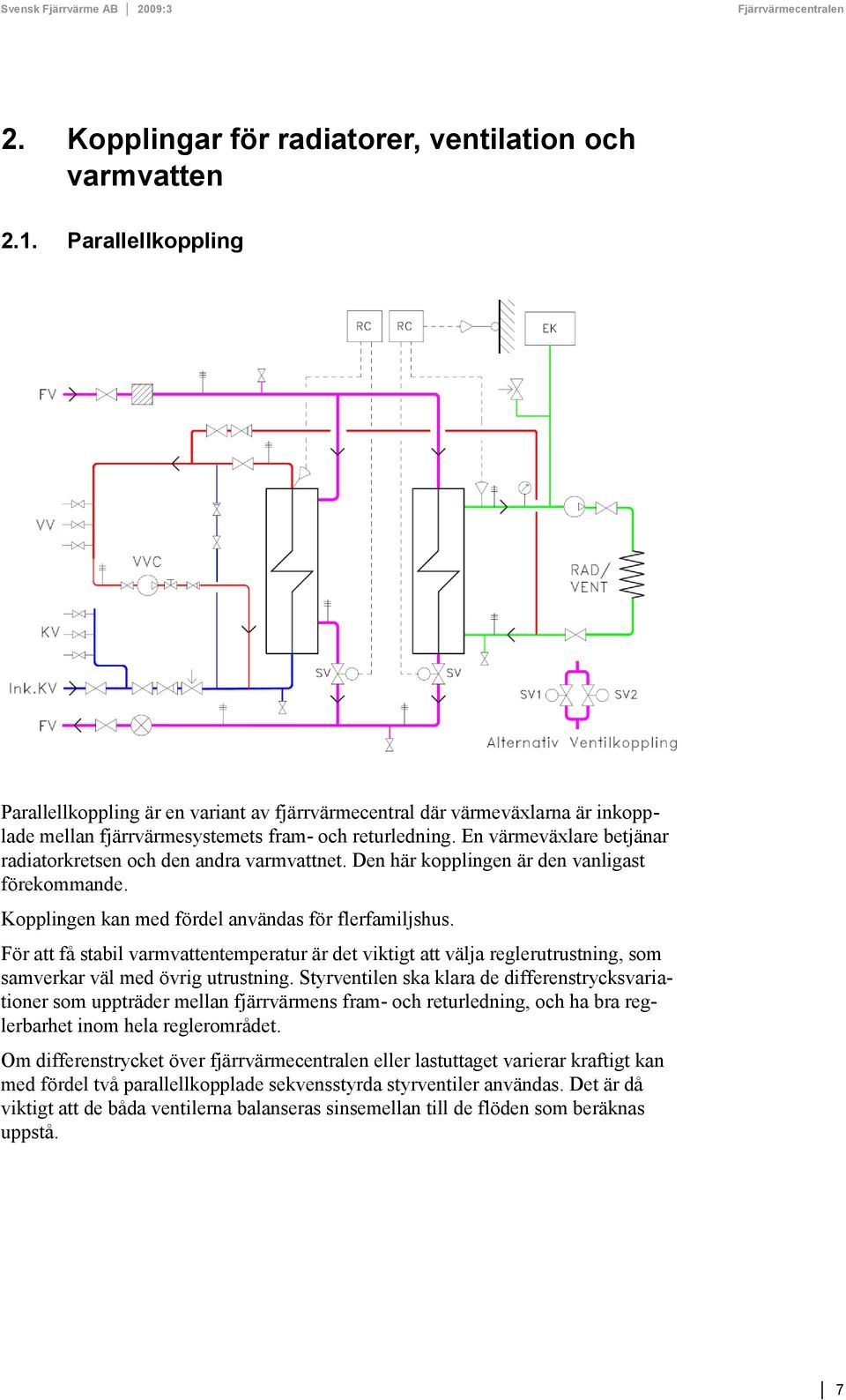 En värmeväxlare betjänar radiatorkretsen och den andra varmvattnet. Den här kopplingen är den vanligast förekommande. Kopplingen kan med fördel användas för flerfamiljshus.