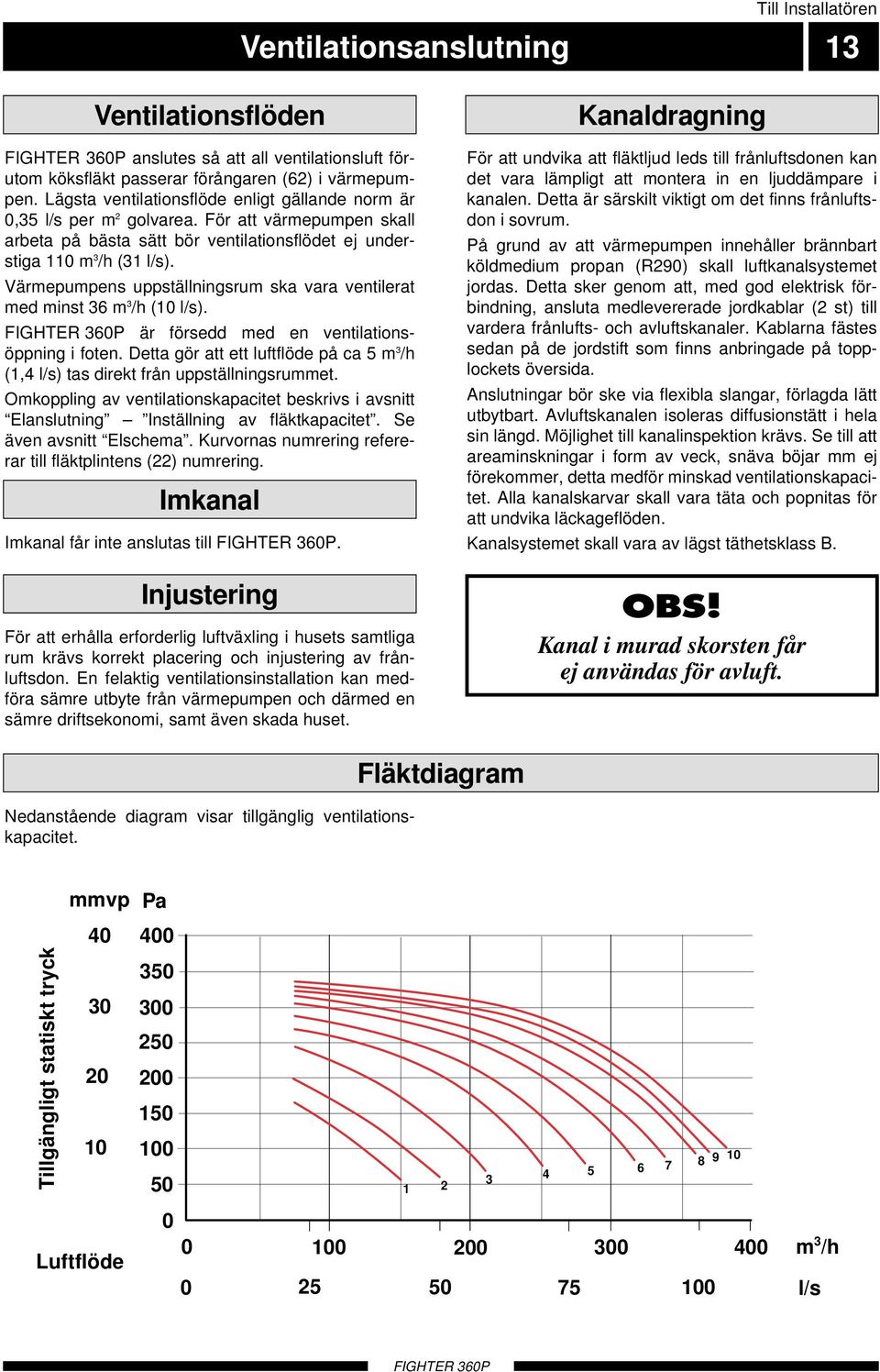 Värmepumpens uppställningsrum ska vara ventilerat med minst 36 m 3 /h ( l/s). är försedd med en ventilationsöppning i foten.