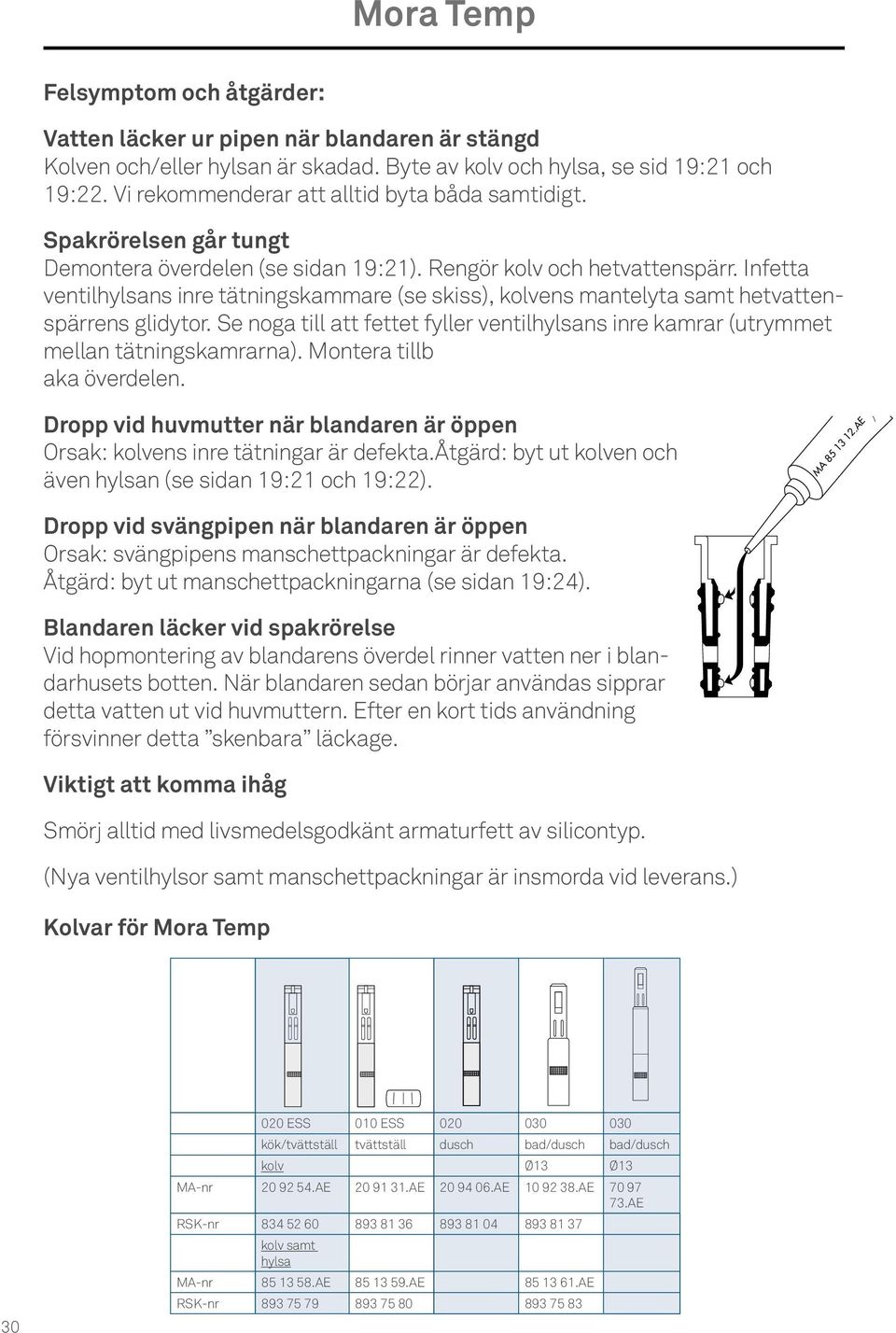 Infetta ventilhylsans inre tätningskammare (se skiss), kolvens mantelyta samt hetvattenspärrens glidytor. Se noga till att fettet fyller ventilhylsans inre kamrar (utrymmet mellan tätningskamrarna).