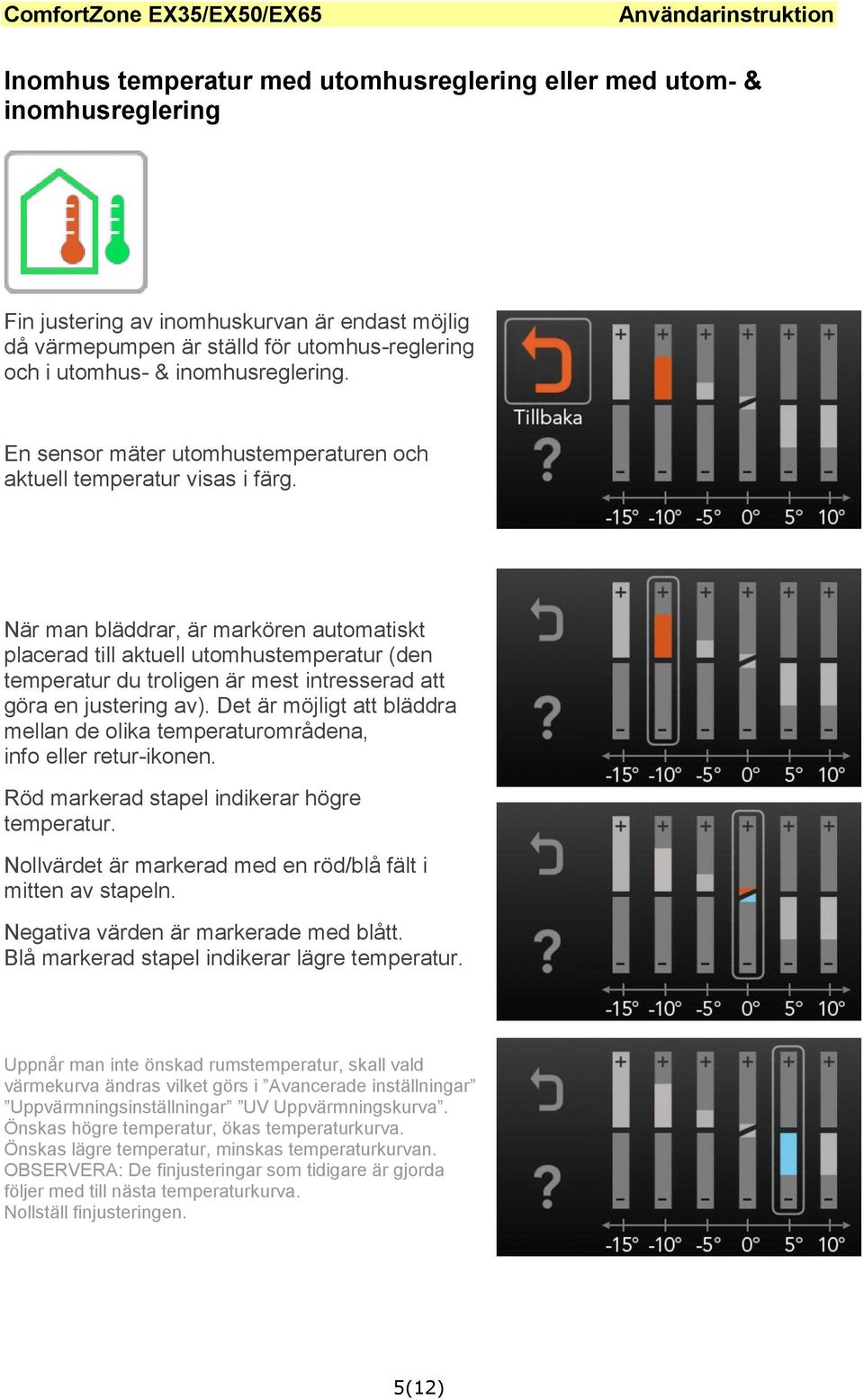 När man bläddrar, är markören automatiskt placerad till aktuell utomhustemperatur (den temperatur du troligen är mest intresserad att göra en justering av).