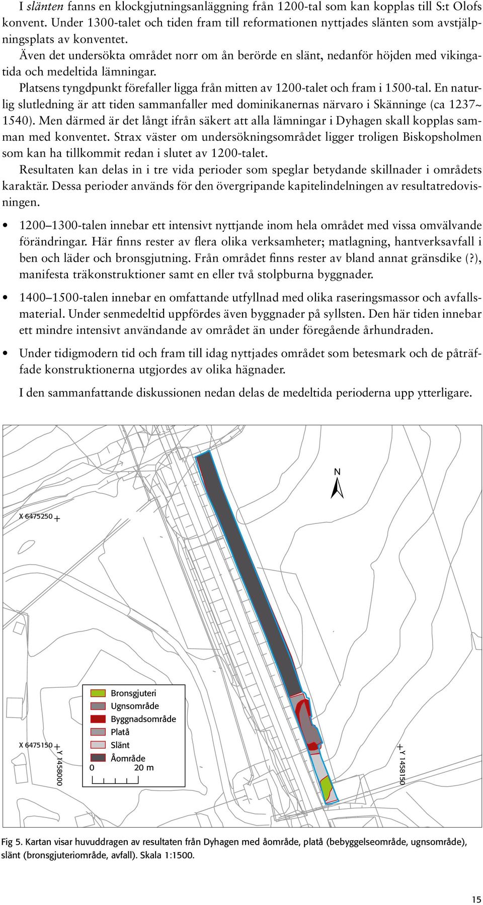 Även det undersökta området norr om ån berörde en slänt, nedanför höjden med vikingatida och medeltida lämningar. Platsens tyngdpunkt förefaller ligga från mitten av 1200-talet och fram i 1500-tal.