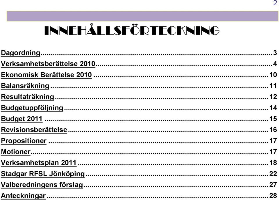 .. 12 Budgetuppföljning... 14 Budget 2011... 15 Revisionsberättelse... 16 Propositioner.