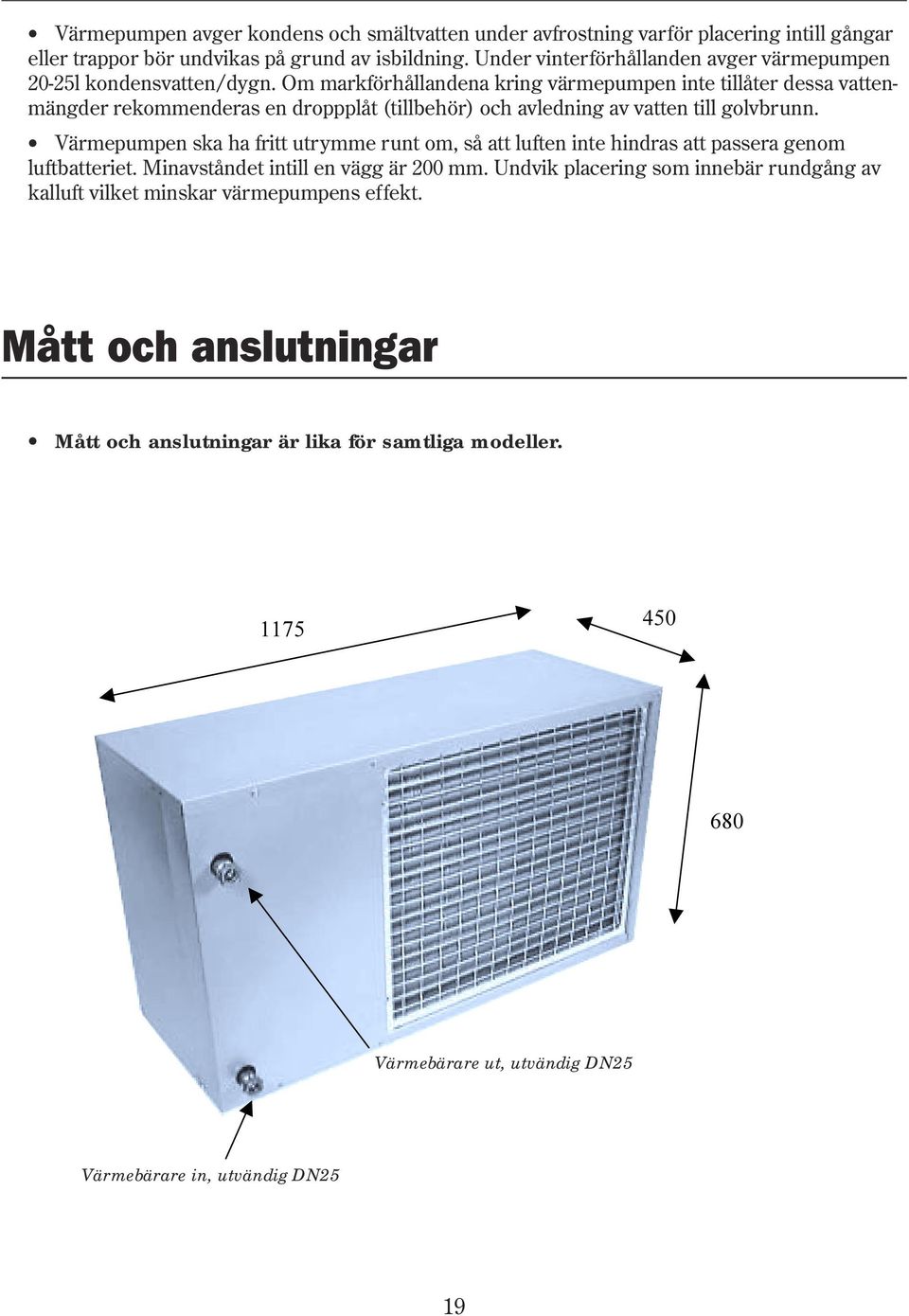 Om markförhållandena kring värmepumpen inte tillåter dessa vattenmängder rekommenderas en droppplåt (tillbehör) och avledning av vatten till golvbrunn.