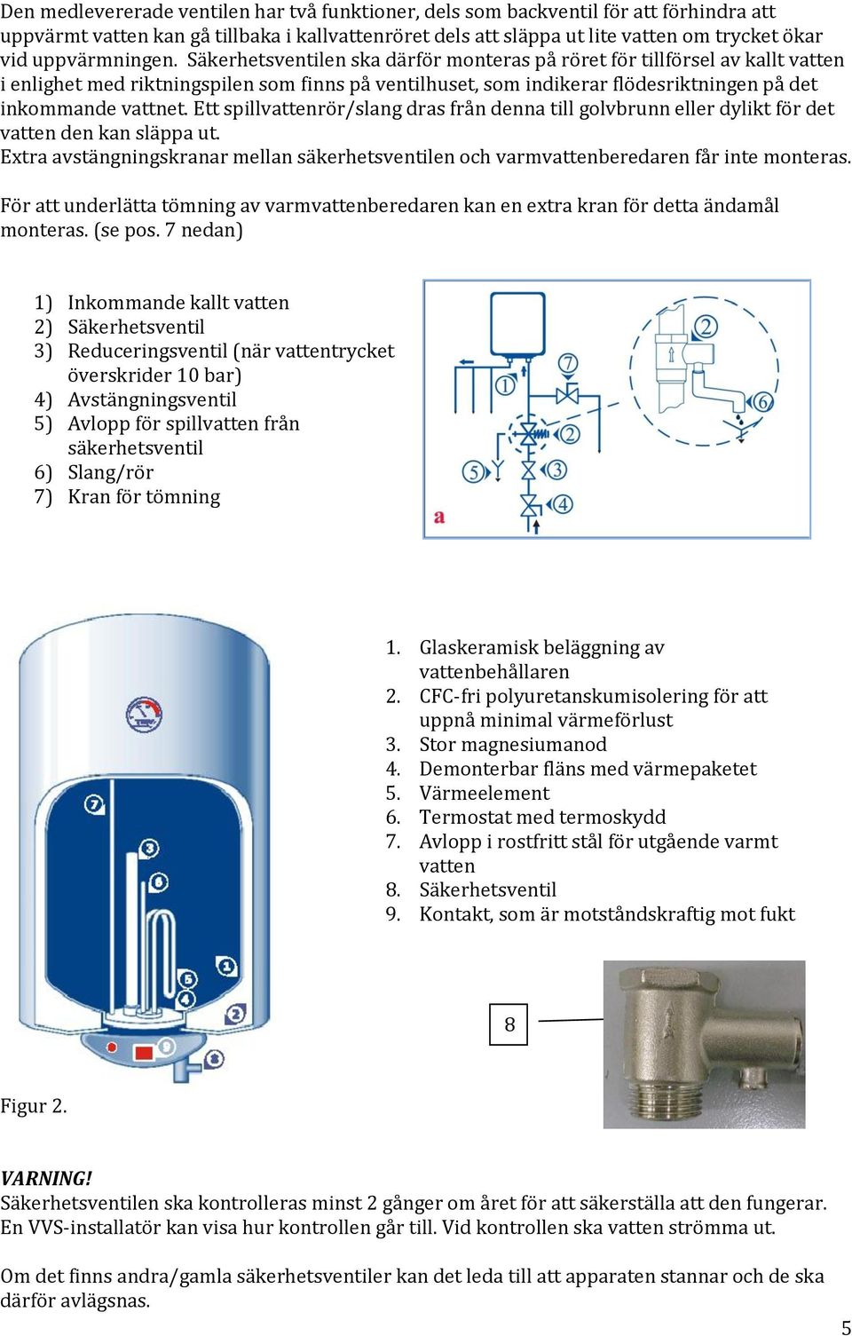 Säkerhetsventilen ska därför monteras på röret för tillförsel av kallt vatten i enlighet med riktningspilen som finns på ventilhuset, som indikerar flödesriktningen på det inkommande vattnet.