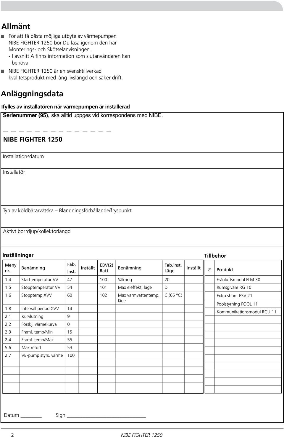 Anläggningsdata Ifylles av installatören när värmepumpen är installerad Serienummer (95), ska alltid uppges vid korrespondens med NIBE.