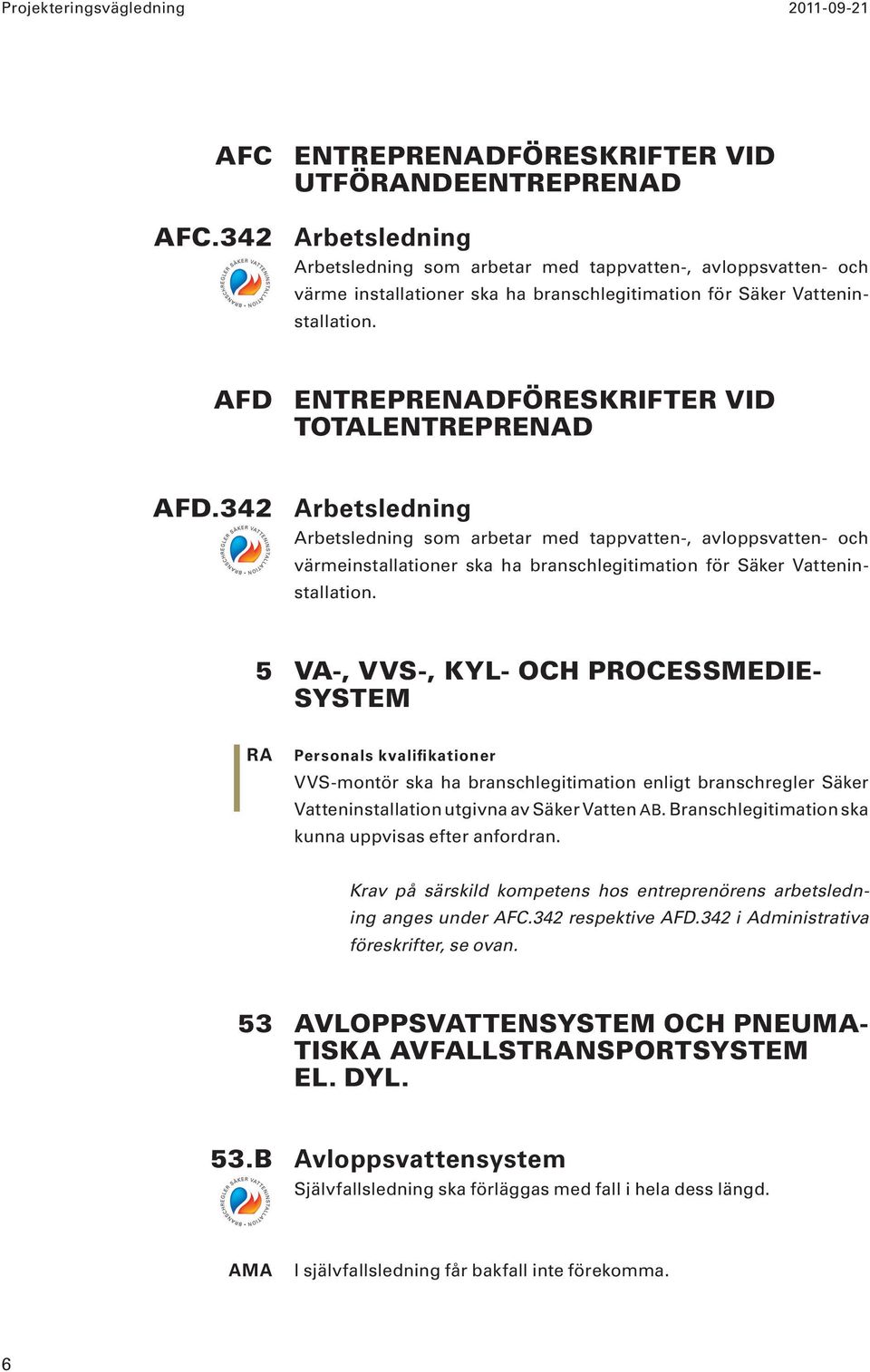 Vatteninstallation. AFD ENTREPRENADFÖRESKRIFTER VID TOTALENTREPRENAD AFD.