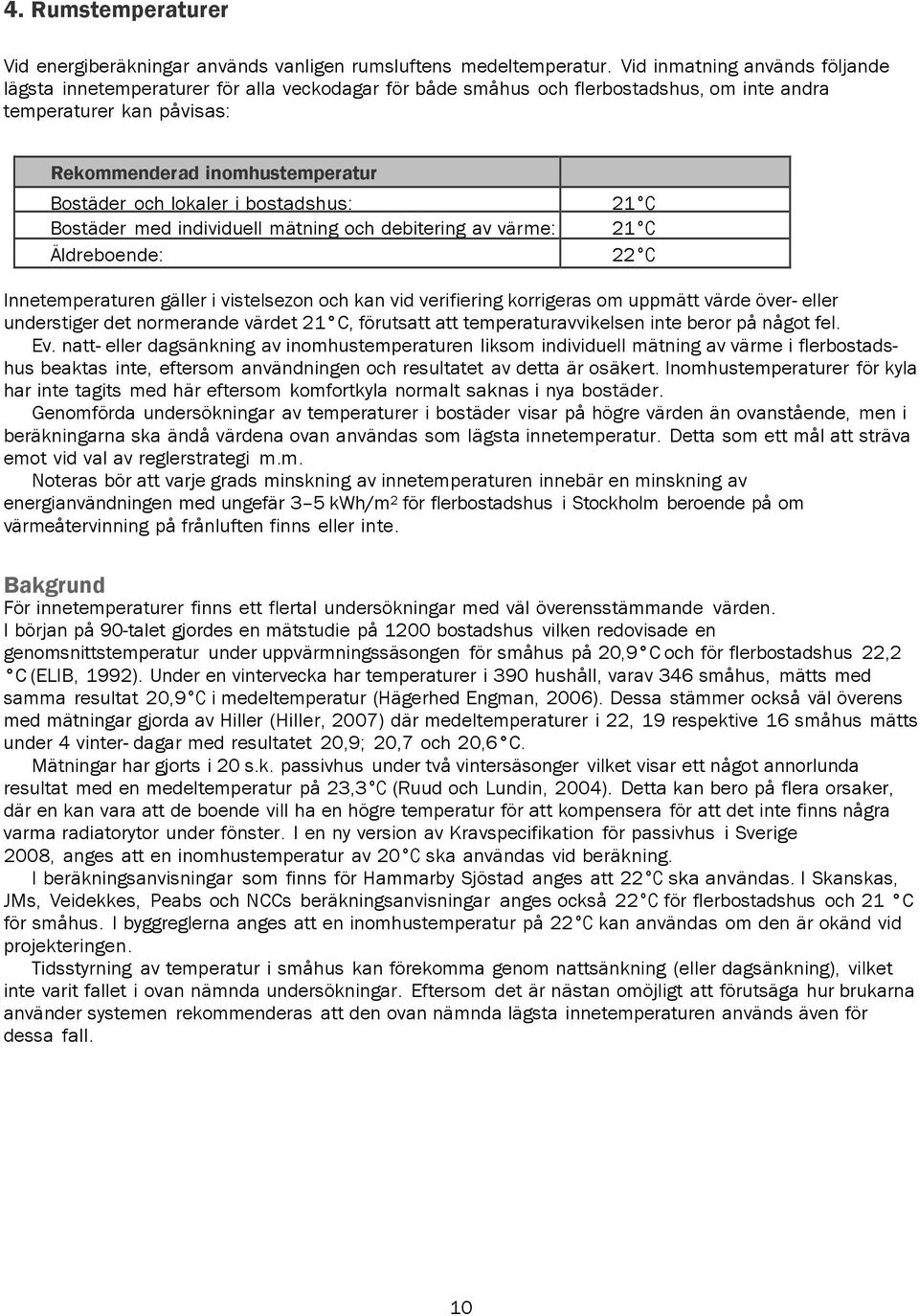 lokaler i bostadshus: 21 C Bostäder med individuell mätning och debitering av värme: 21 C Äldreboende: 22 C Innetemperaturen gäller i vistelsezon och kan vid verifiering korrigeras om uppmätt värde