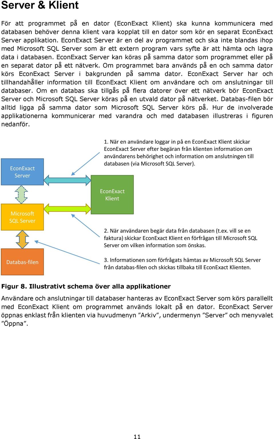 EconExact Server kan köras på samma dator som programmet eller på en separat dator på ett nätverk. Om programmet bara används på en och samma dator körs EconExact Server i bakgrunden på samma dator.