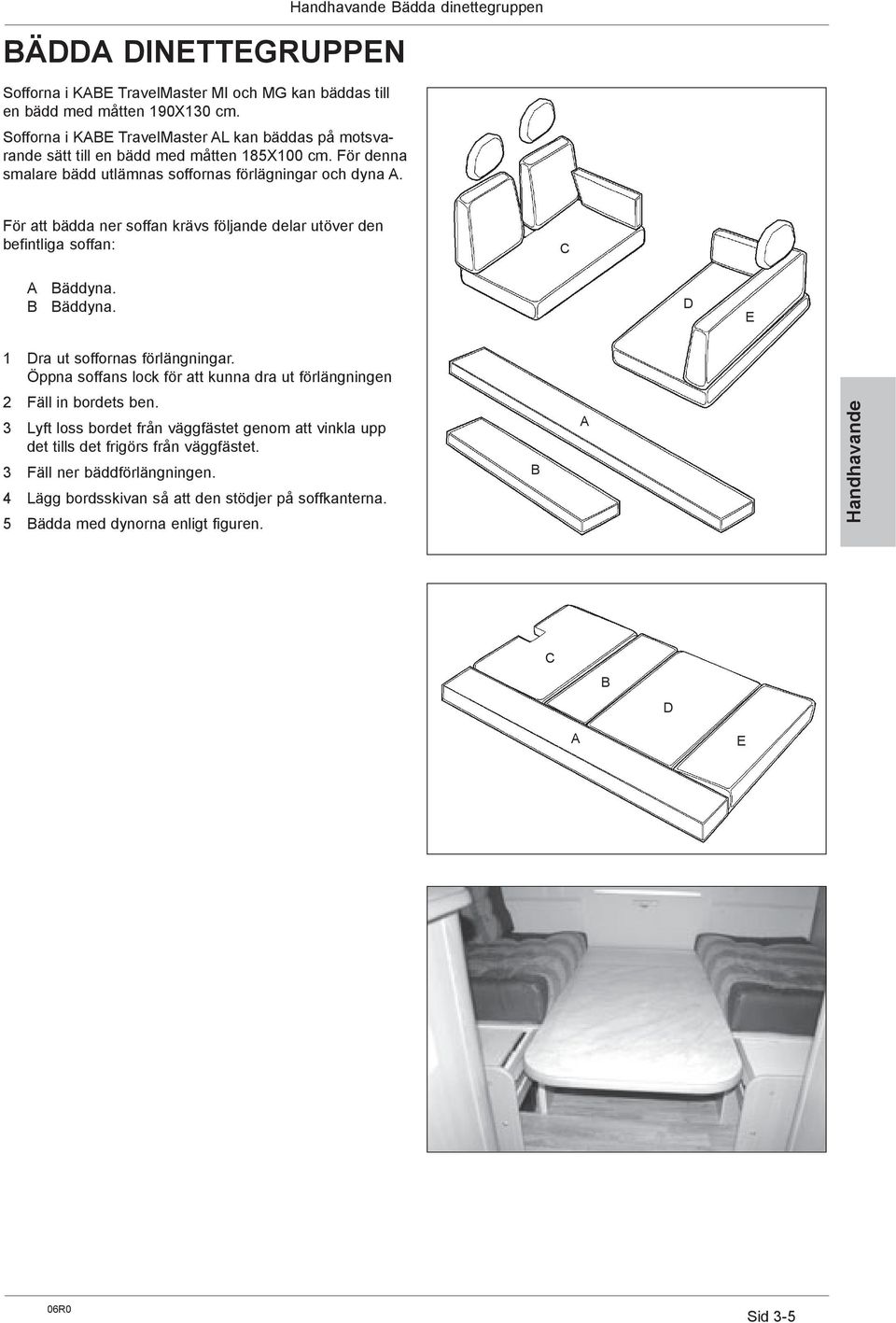 Handhavande Bädda dinettegruppen För att bädda ner soffan krävs följande delar utöver den befintliga soffan: C A B Bäddyna. Bäddyna. D E 1 Dra ut soffornas förlängningar.