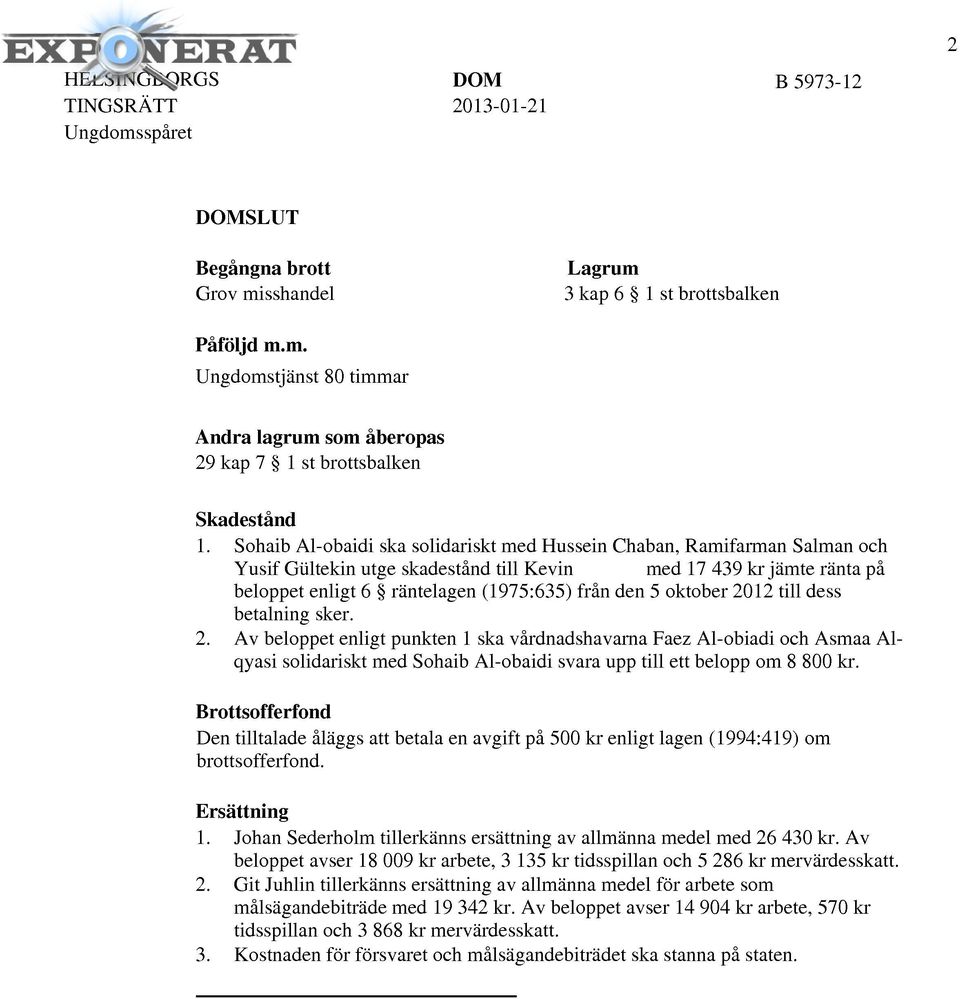 den 5 oktober 2012 till dess betalning sker. 2. Av beloppet enligt punkten l ska vardnadshavarna Faez Al-obiadi och Asmaa Alqyasi solidariskt med Sohaib Al-obaidi svara upp till ett belopp om 8 800 kr.