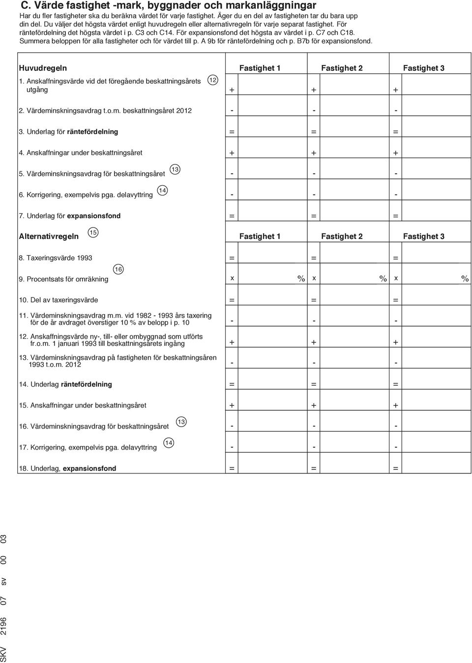 C7 och C18. Summera beloppen för alla fastigheter och för värdet till p. A 9b för räntefördelning och p. B7b för expansionsfond. Huvudregeln Fastighet 1 Fastighet 2 Fastighet 3 1.