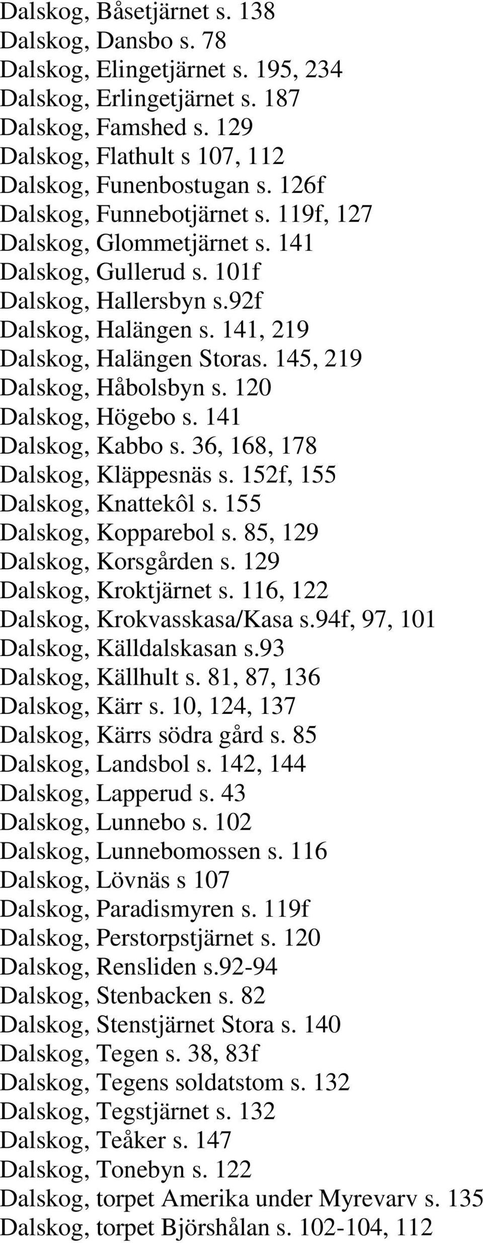 145, 219 Dalskog, Håbolsbyn s. 120 Dalskog, Högebo s. 141 Dalskog, Kabbo s. 36, 168, 178 Dalskog, Kläppesnäs s. 152f, 155 Dalskog, Knattekôl s. 155 Dalskog, Kopparebol s.