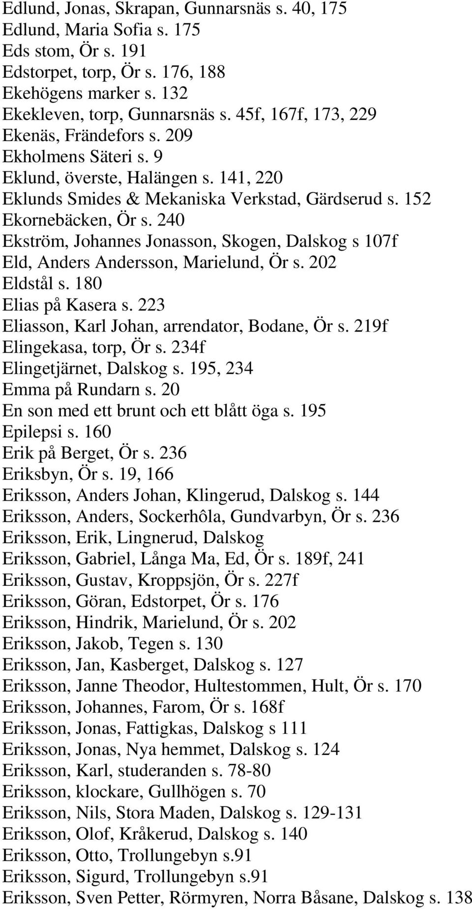 240 Ekström, Johannes Jonasson, Skogen, Dalskog s 107f Eld, Anders Andersson, Marielund, Ör s. 202 Eldstål s. 180 Elias på Kasera s. 223 Eliasson, Karl Johan, arrendator, Bodane, Ör s.