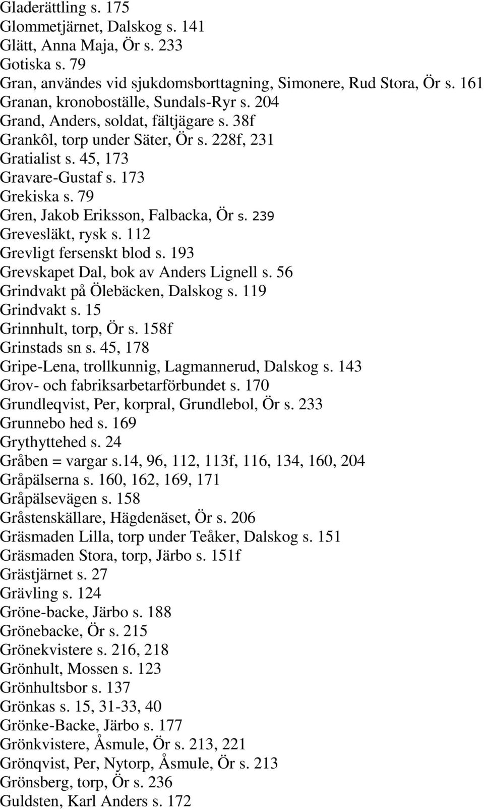 79 Gren, Jakob Eriksson, Falbacka, Ör s. 239 Grevesläkt, rysk s. 112 Grevligt fersenskt blod s. 193 Grevskapet Dal, bok av Anders Lignell s. 56 Grindvakt på Ölebäcken, Dalskog s. 119 Grindvakt s.