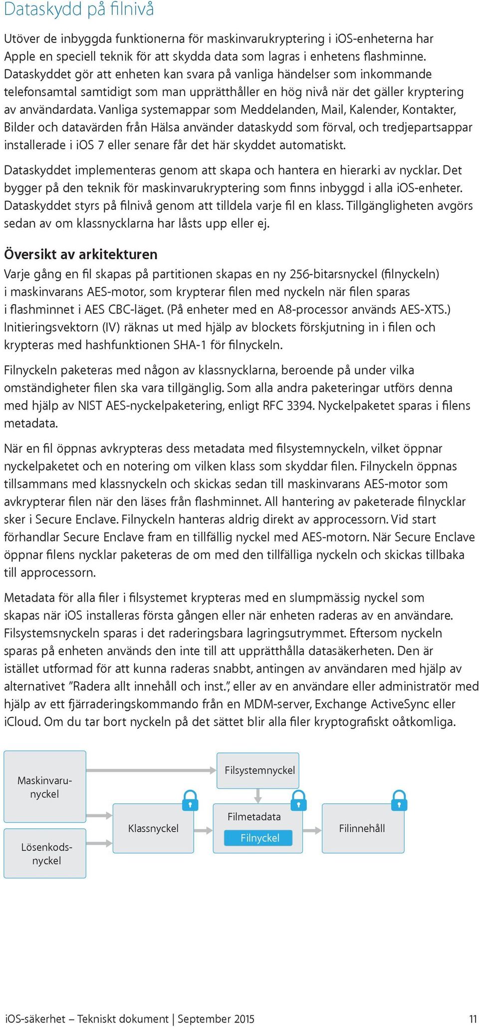 Vanliga systemappar som Meddelanden, Mail, Kalender, Kontakter, Bilder och datavärden från Hälsa använder dataskydd som förval, och tredjepartsappar installerade i ios 7 eller senare får det här