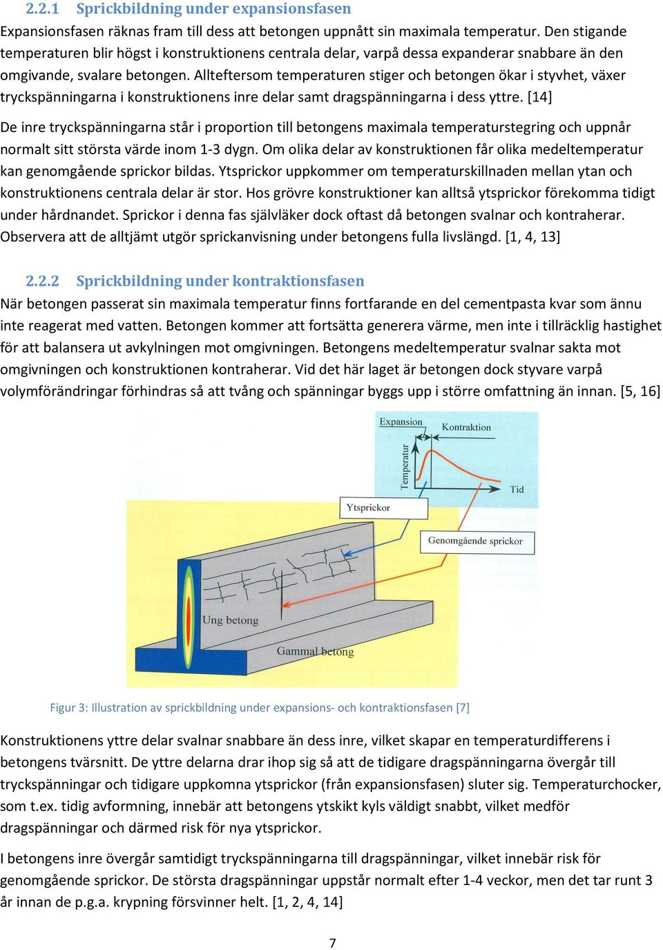 Allteftersom temperaturen stiger och betongen ökar i styvhet, växer tryckspänningarna i konstruktionens inre delar samt dragspänningarna i dess yttre.