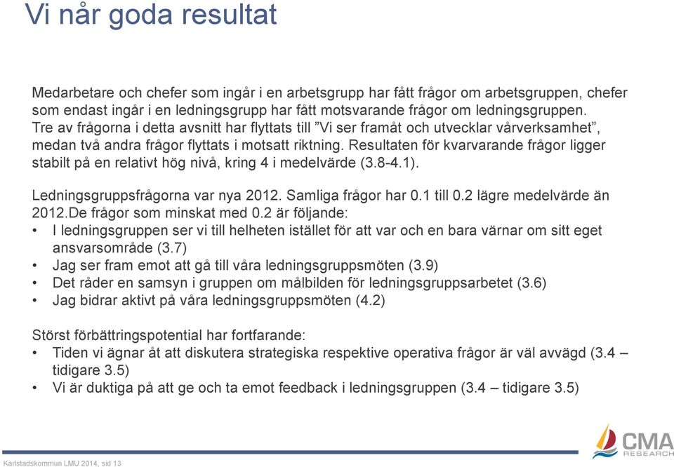 Resultaten för kvarvarande frågor ligger stabilt på en relativt hög nivå, kring 4 i medelvärde (3.8-4.1). Ledningsgruppsfrågorna var nya 2012. Samliga frågor har 0.1 till 0.2 lägre medelvärde än 2012.