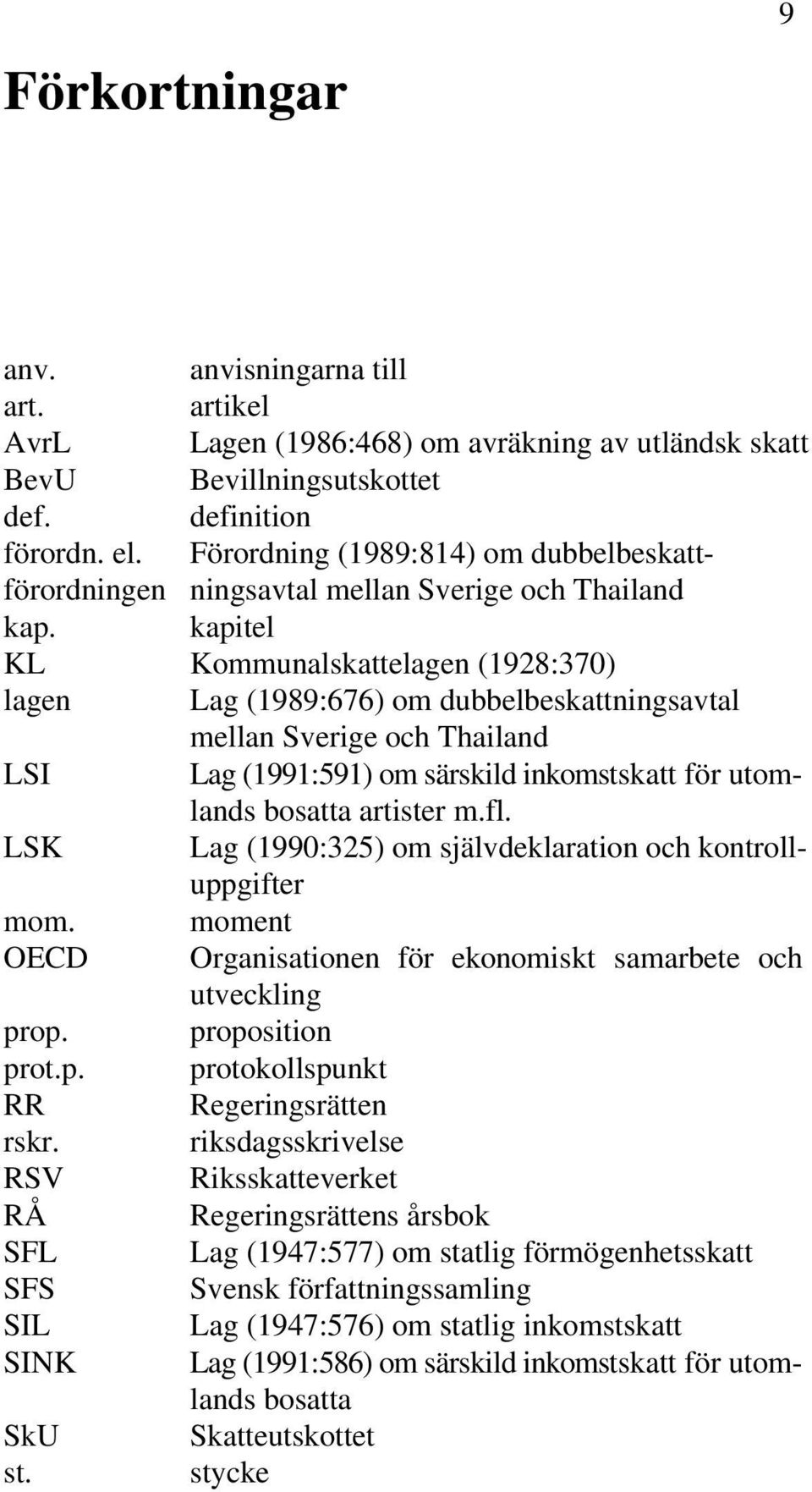 kapitel KL Kommunalskattelagen (1928:370) lagen Lag (1989:676) om dubbelbeskattningsavtal mellan Sverige och Thailand LSI Lag (1991:591) om särskild inkomstskatt för utomlands bosatta artister m.fl.