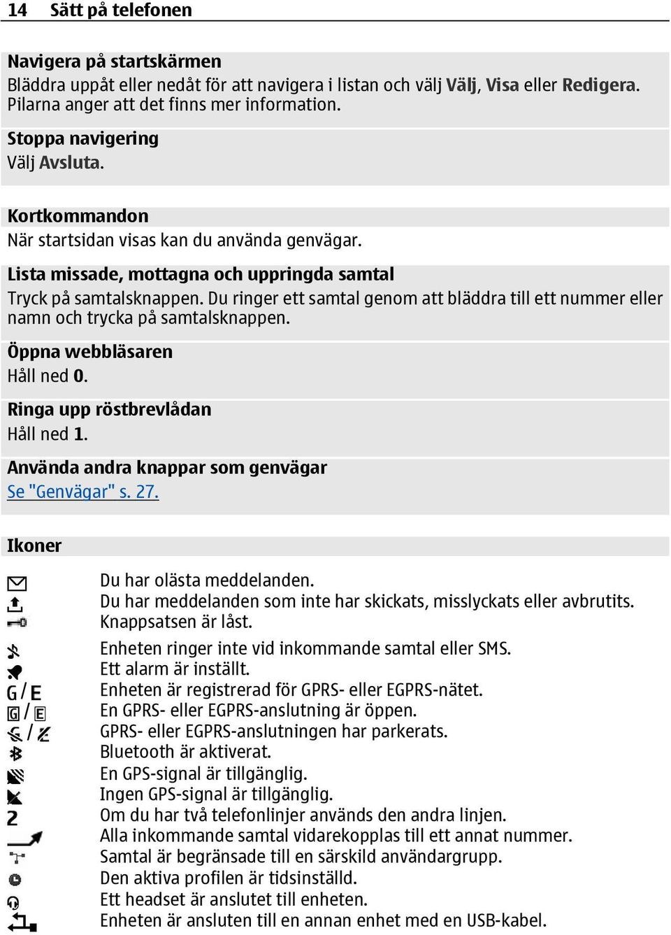 Du ringer ett samtal genom att bläddra till ett nummer eller namn och trycka på samtalsknappen. Öppna webbläsaren Håll ned 0. Ringa upp röstbrevlådan Håll ned 1.