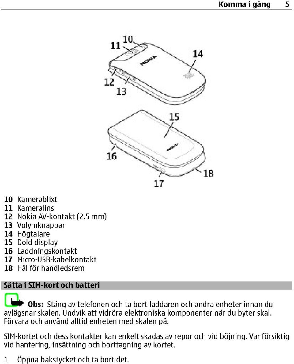 Obs: Stäng av telefonen och ta bort laddaren och andra enheter innan du avlägsnar skalen.