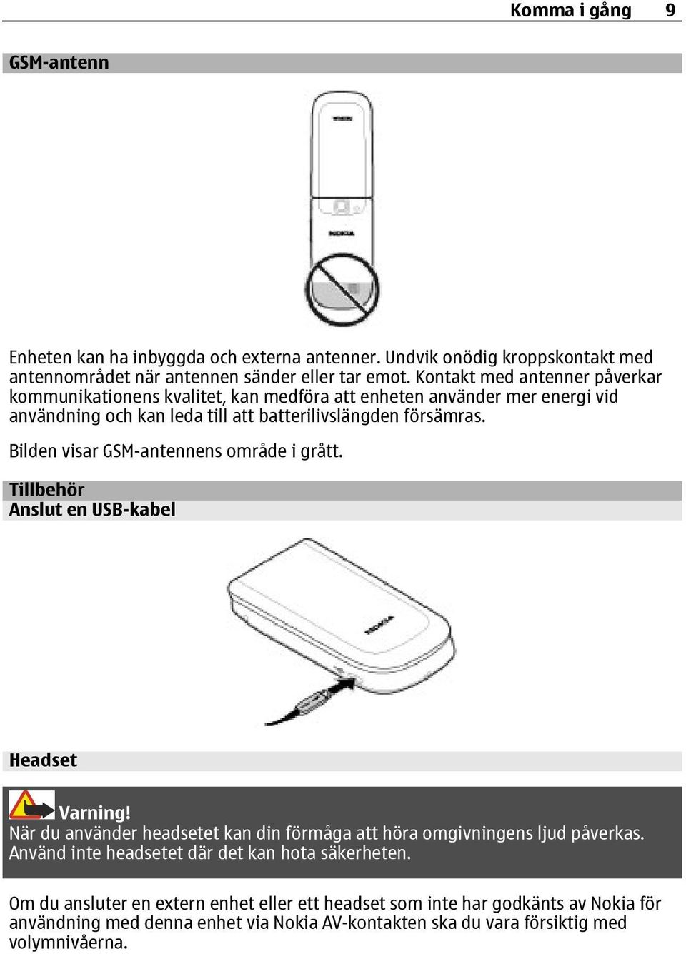 Bilden visar GSM-antennens område i grått. Tillbehör Anslut en USB-kabel Headset Varning! När du använder headsetet kan din förmåga att höra omgivningens ljud påverkas.