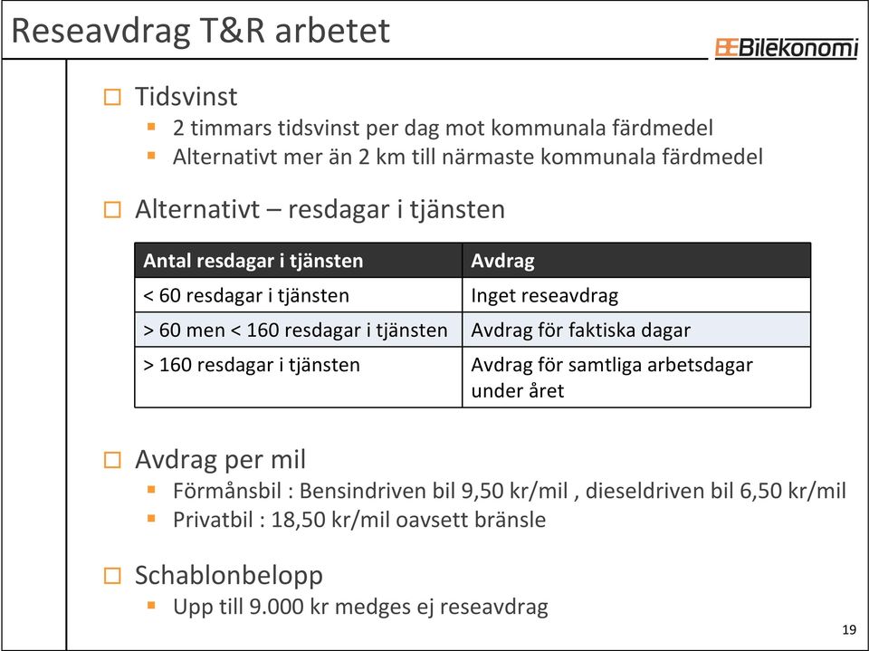 i tjänsten Avdrag för faktiska dagar > 160 resdagar i tjänsten Avdrag för samtliga arbetsdagar under året Avdrag per mil Förmånsbil :