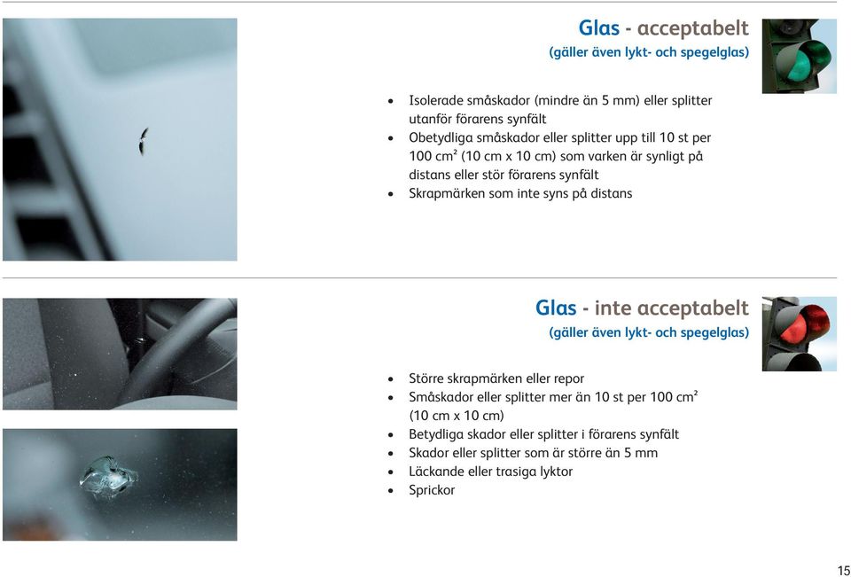 syns på distans Glas - inte acceptabelt (gäller även lykt- och spegelglas) Större skrapmärken eller repor Småskador eller splitter mer än 10 st per