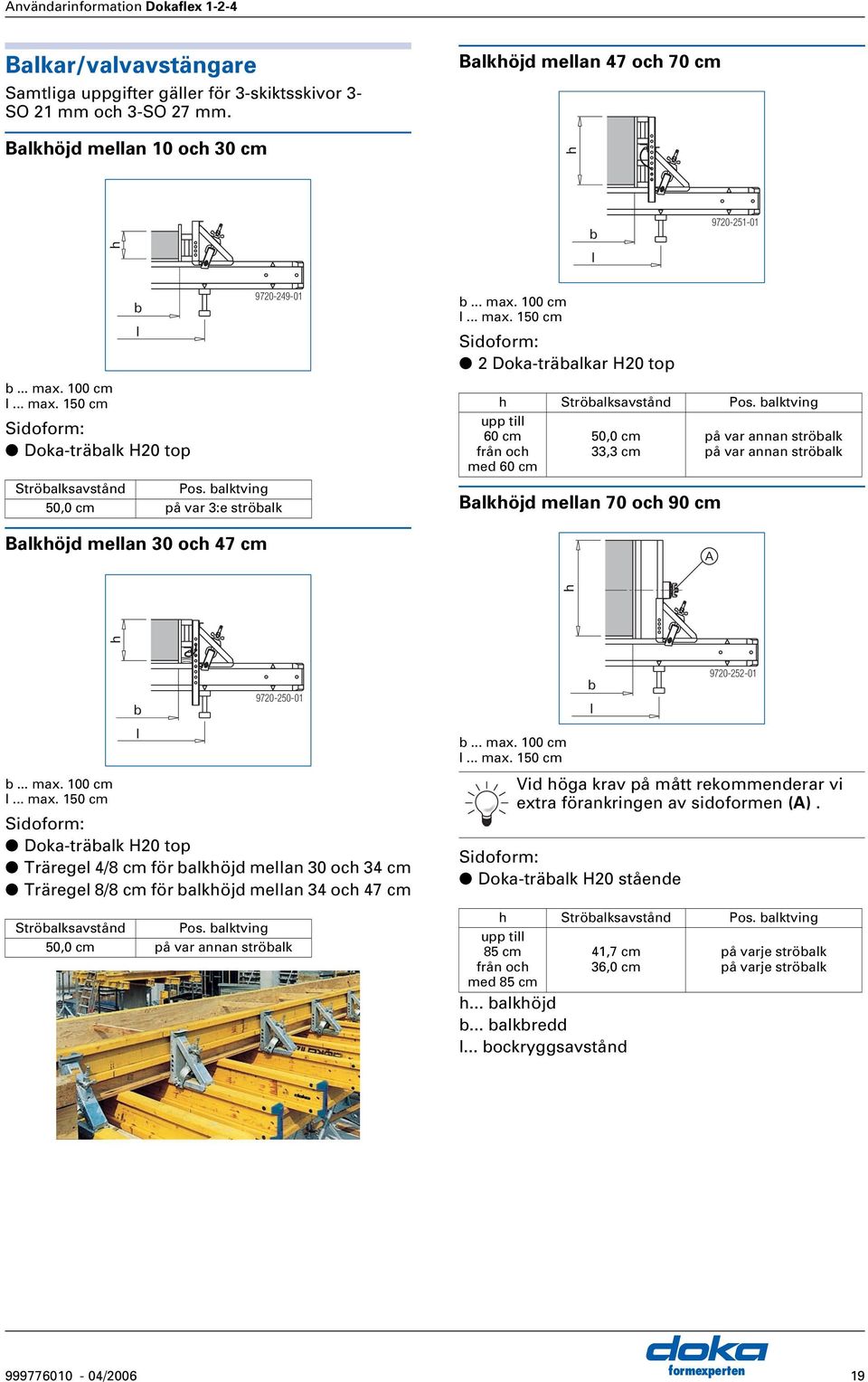 balktving upp till 60 cm från och med 60 cm 50,0 cm 33,3 cm Balkhöjd mellan 70 och 90 cm på var annan ströbalk på var annan ströbalk h h b... max.