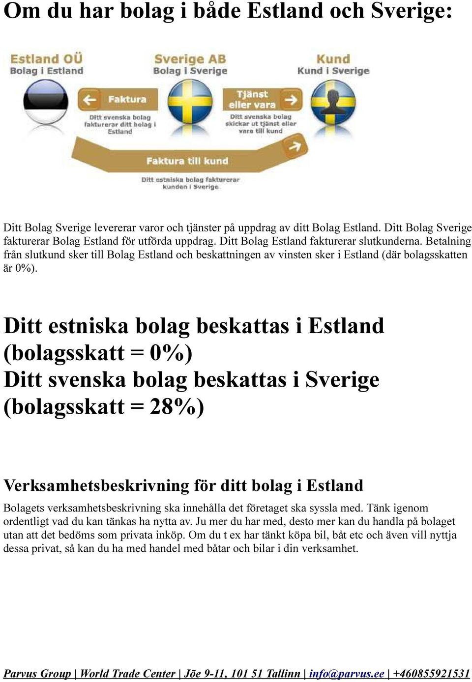 Ditt estniska bolag beskattas i Estland (bolagsskatt = 0%) Ditt svenska bolag beskattas i Sverige (bolagsskatt = 28%) Verksamhetsbeskrivning för ditt bolag i Estland Bolagets verksamhetsbeskrivning