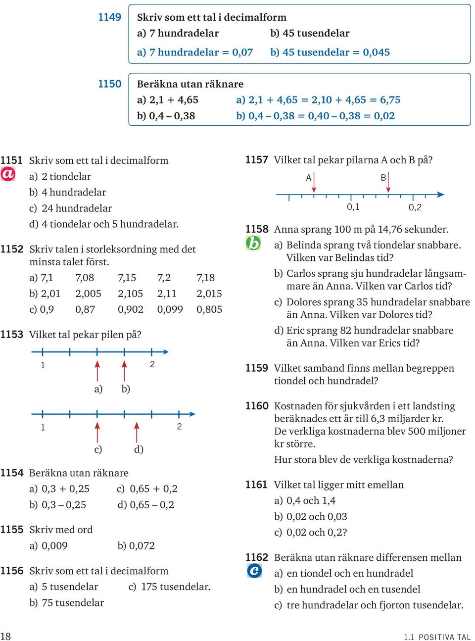 1152 Skriv talen i storleksordning med det minsta talet först. a) 7,1 7,08 7,15 7,2 7,18 b) 2,01 2,005 2,105 2,11 2,015 c) 0,9 0,87 0,902 0,099 0,805 115 Vilket tal pekar pilen på?