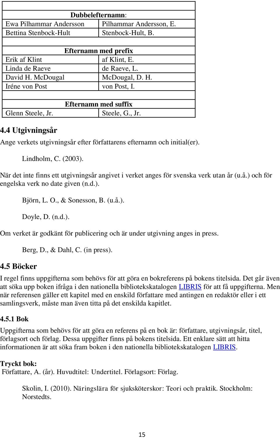 Lindholm, C. (2003). När det inte finns ett utgivningsår angivet i verket anges för svenska verk utan år (u.å.) och för engelska verk no date given (n.d.). Björn, L. O., & Sonesson, B. (u.å.). Doyle, D.